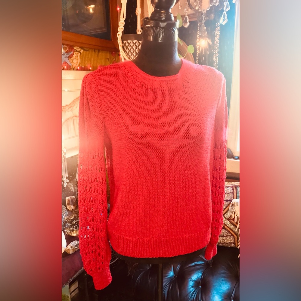Passion Red Sweet 70's Crochet Plush Angora Detail Puff Sleeve Sweater Fallish M